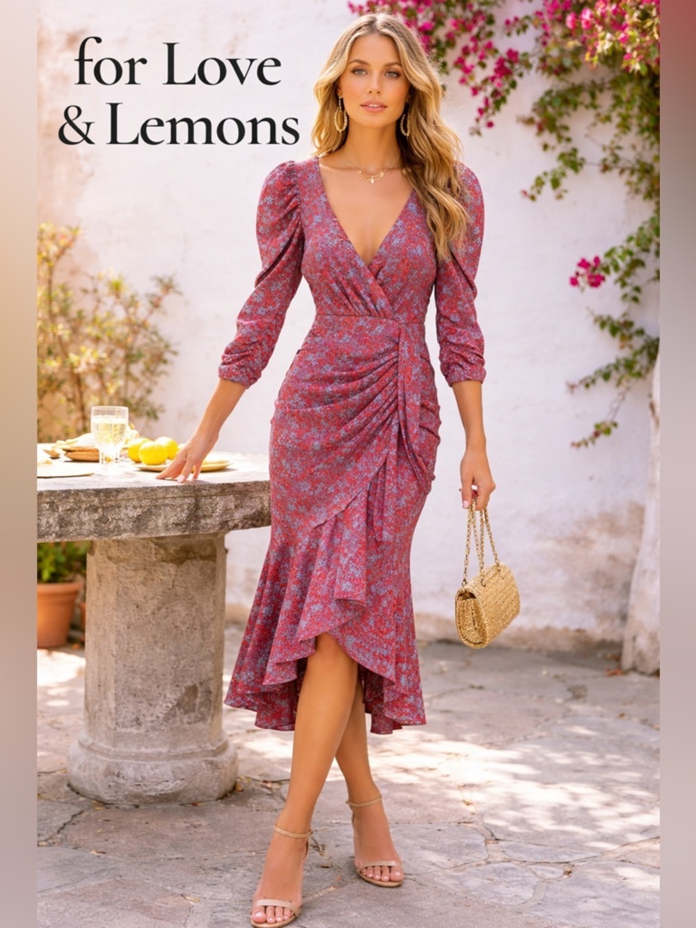 For Love & Lemons Floral Wrap Midi Dress Puff Sleeve Ruched Romantic Cottagecore